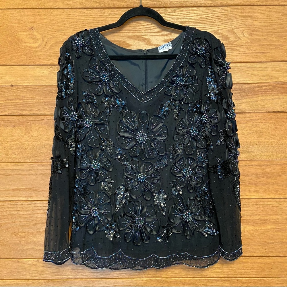 Vintage 90s silk black sheer sleeved floral ribbon detail beaded top